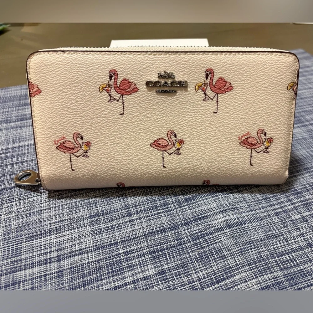 Coach Cream and Pink Flamingo Print Wallet - Picture 2 of 5